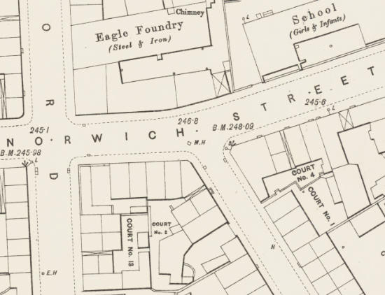 1908 map showing back to back housing next to a steel foundry and an infants school