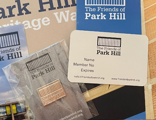 Friends of Park Hill membership card and metal pin badge